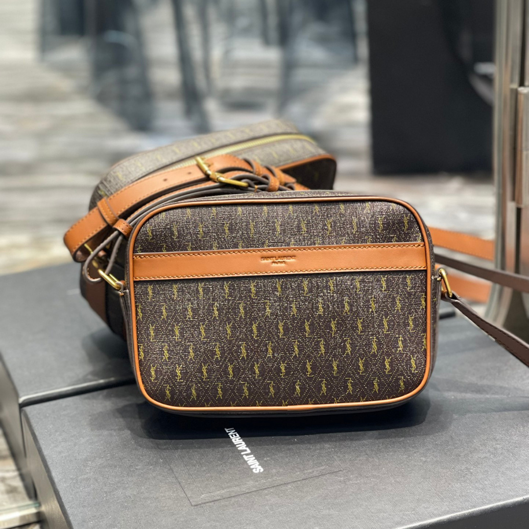 Saint Laurent  Canvas Smooth Calfskin Le Monogramme Camera Bag Chestnut