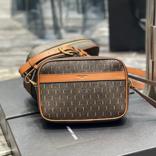 Saint Laurent  Canvas Smooth Calfskin Le Monogramme Camera Bag Chestnut