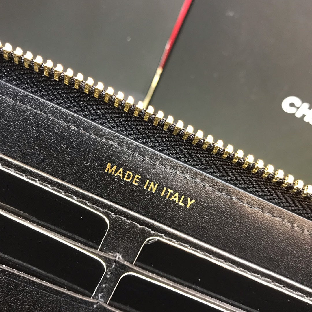 Chanel Wallet Black Grained Leather Gold Lock 19×10.5cm