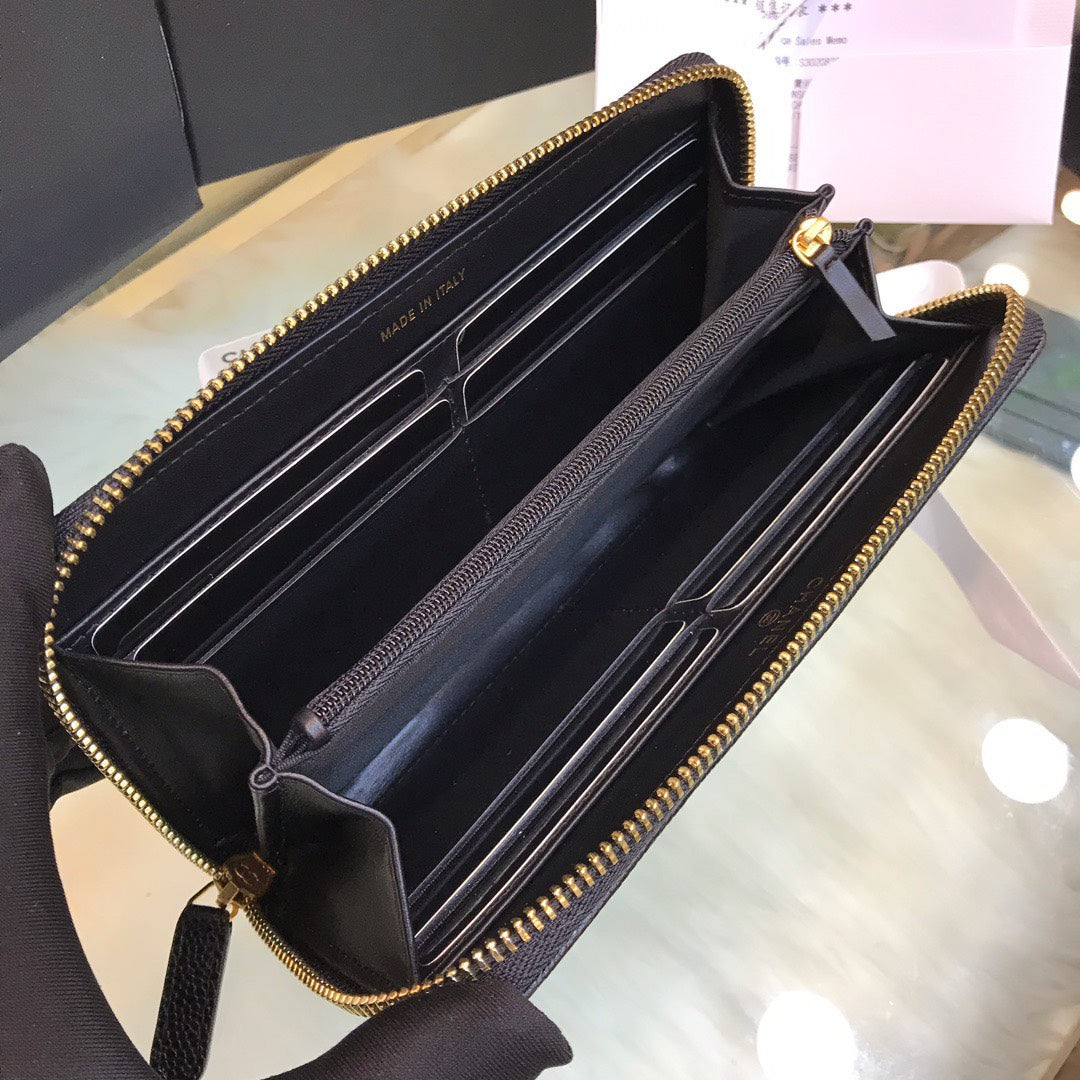 Chanel Wallet Black Grained Leather Gold Lock 19×10.5cm
