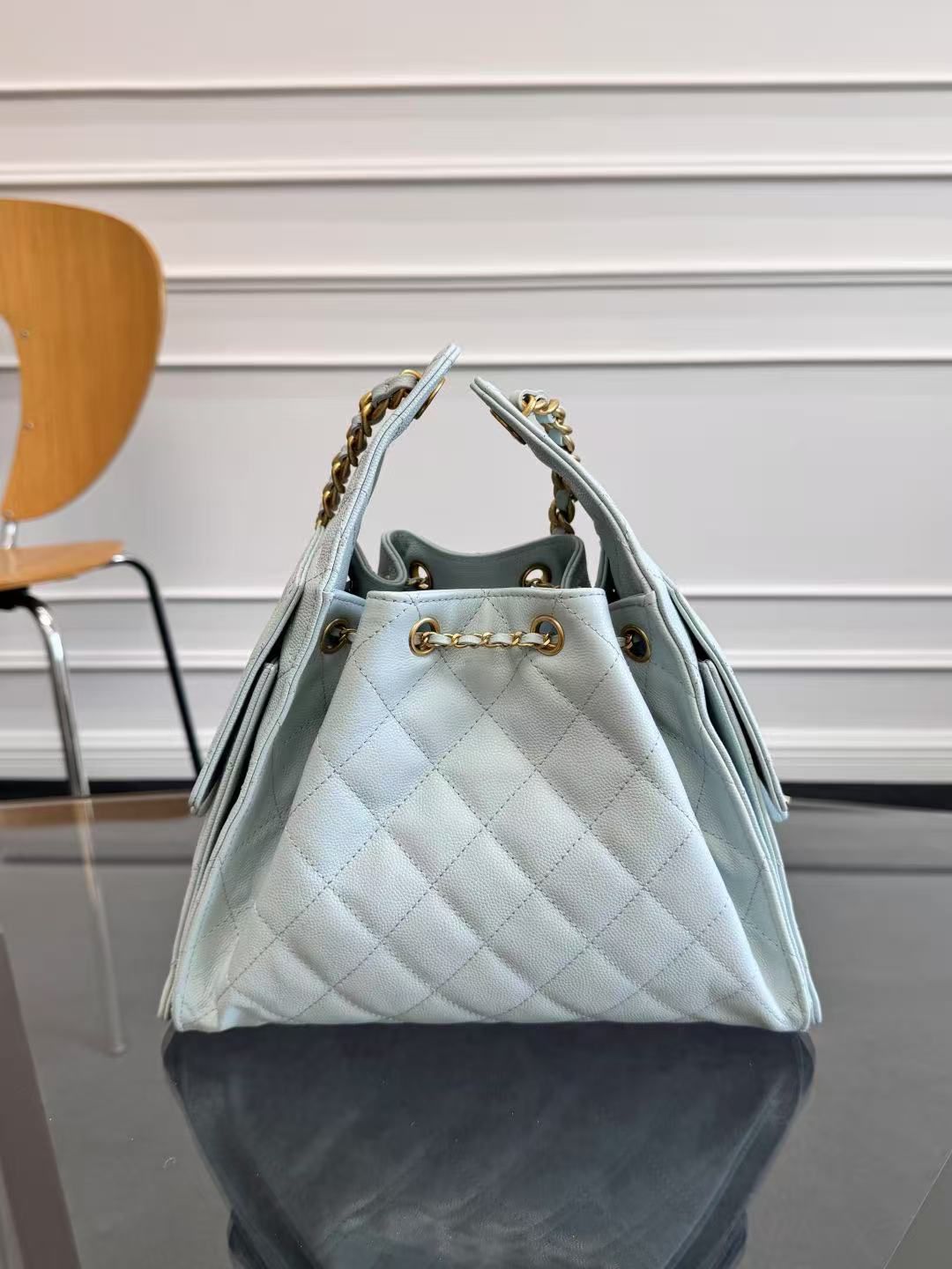 CHANEL 25 HANDBAG 30 IN LGITH BLUE CAVIER GOLD HARDWARE