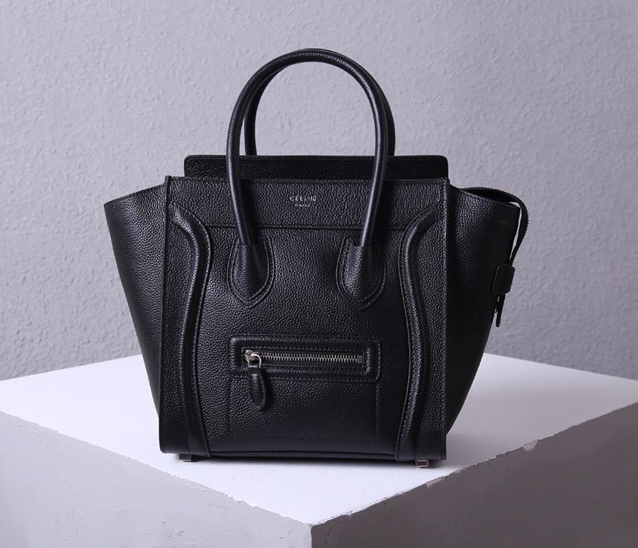 Celine Black Drummed Leather Nano Luggage Tote Bag