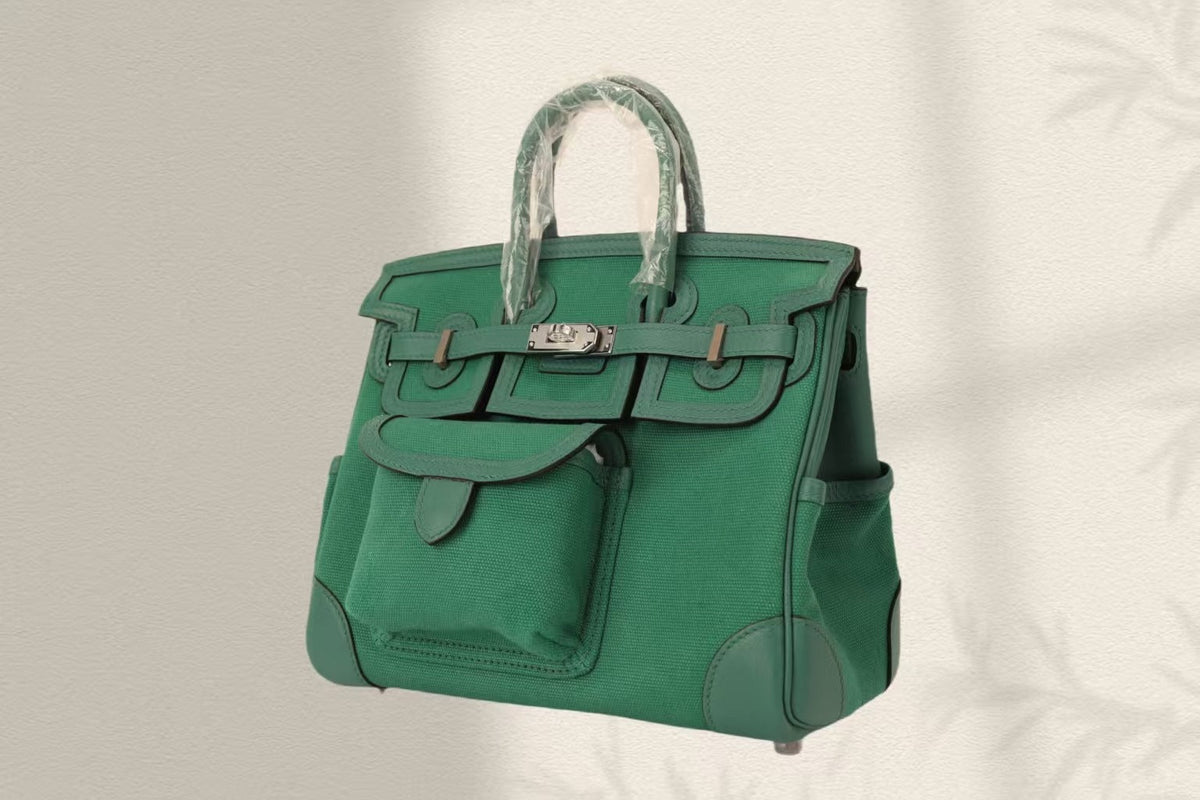 BIRKIN CARGO 25CM GREEN CANVAS AND LEATHER SILVER HARDWARE