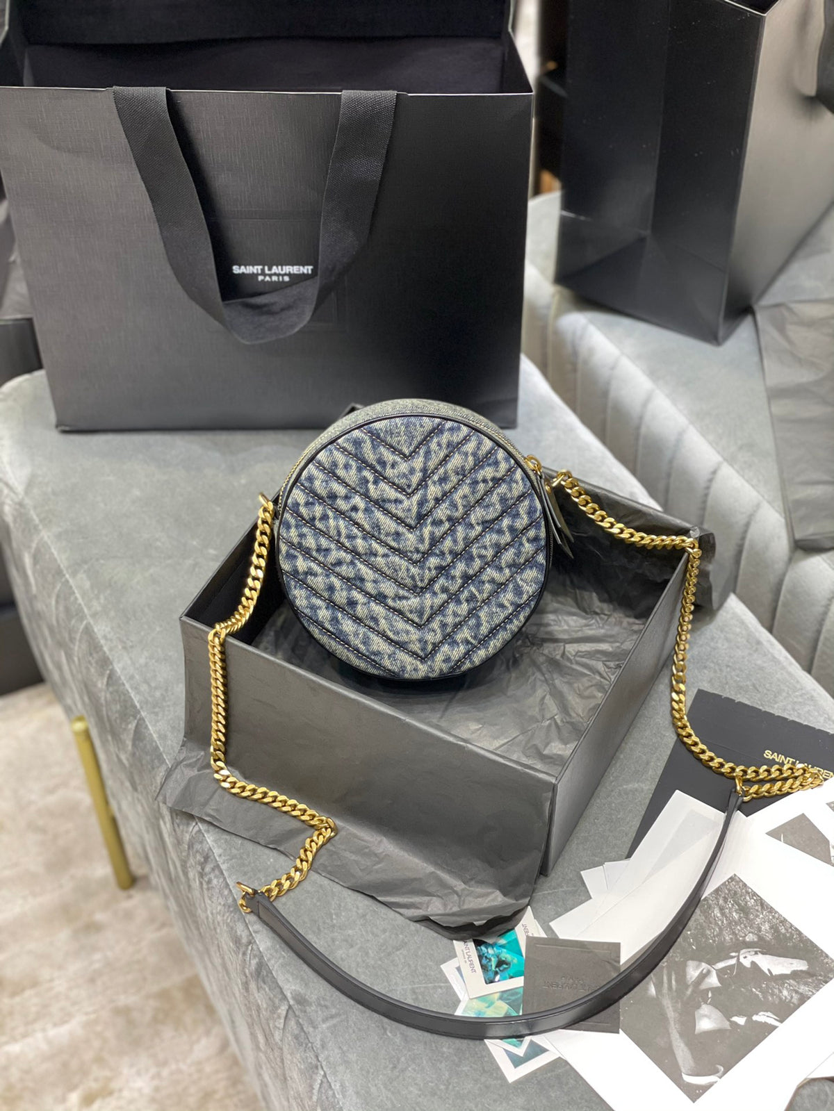 Saint Laurent YSL Women Vinyle Round Camera Bag in Chevron-Quilted Denim and Suede