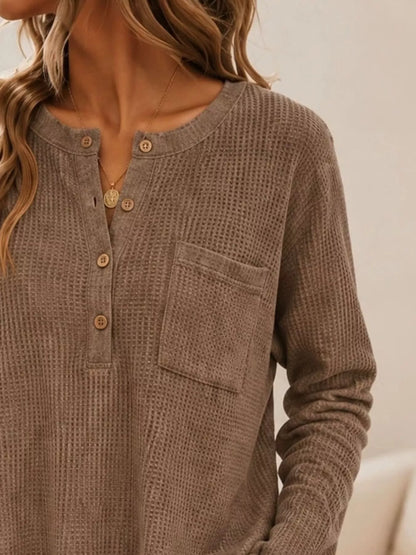 Waffle Knit Button Detail Top
