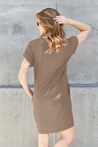 Basic Bae Full Size Solid Round Neck Short Sleeve Casual Loose Mini T-Shirt Dress with Side Pockets