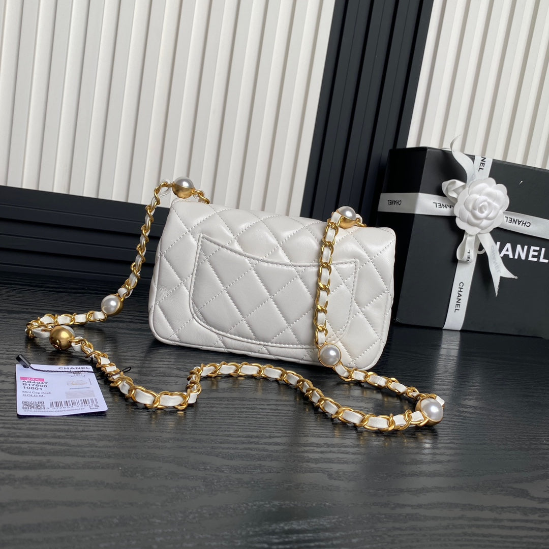 Chanel Mini Flap Bag Top Handle Pearl Chain