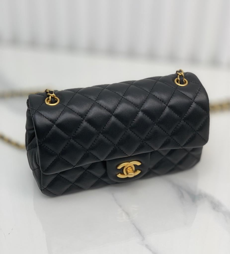 CHANEL Lambskin Quilted Mini Rectangular Sweet Camellia Flap Black