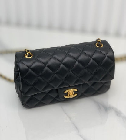 CHANEL Lambskin Quilted Mini Rectangular Sweet Camellia Flap Black