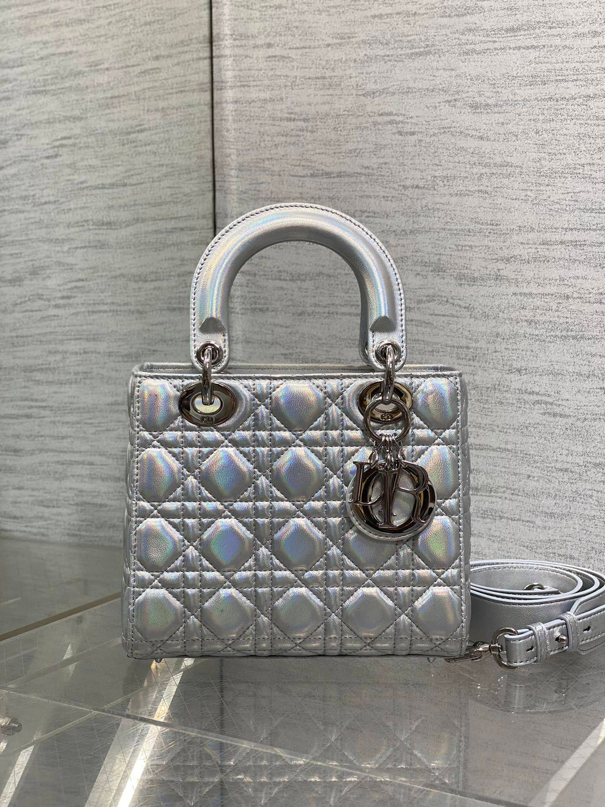 Christian Dior metallic silver Cannage lambskin