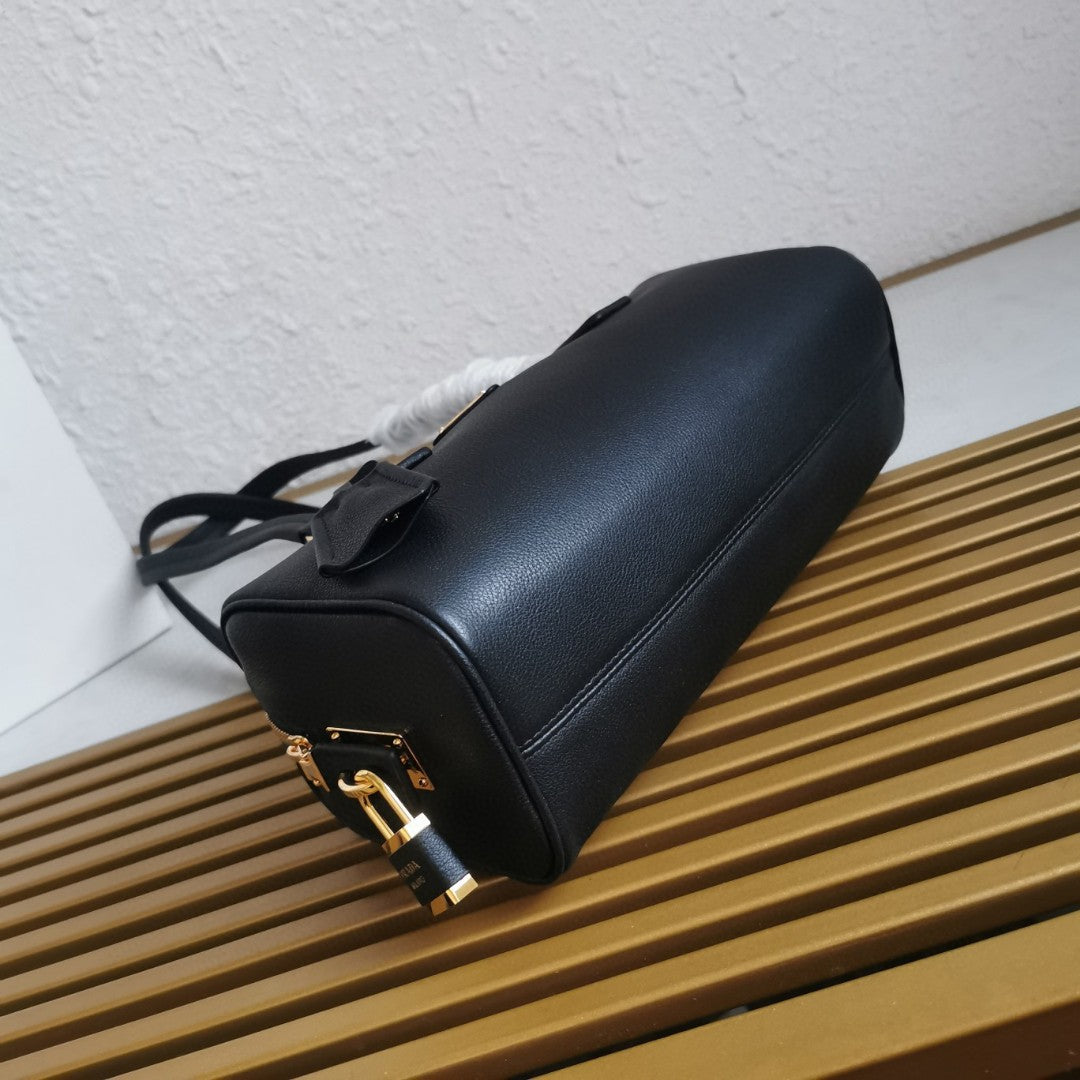 Prada Black Medium leather top-handle bag with padlock