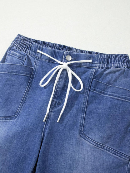 Drawstring Waist Ankle Length Casual Jeans Regular Fit Pocket Detail Jeans