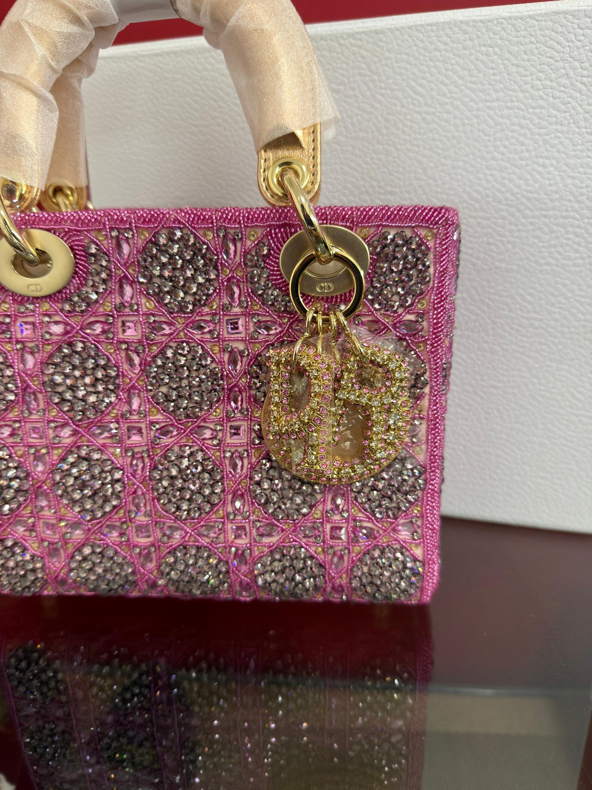 LADY DIOR BAG Metallic Calfskin &amp; Satin with Rose Des Vent
