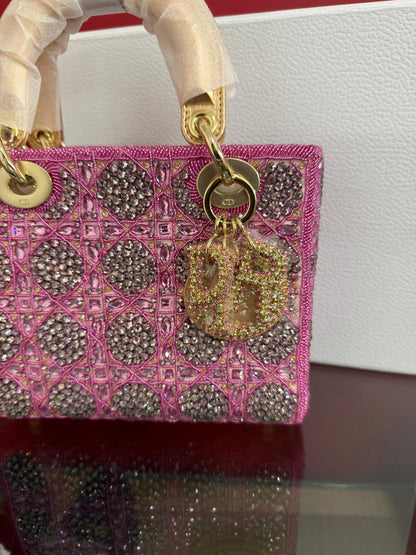 LADY DIOR BAG Metallic Calfskin &amp; Satin with Rose Des Vent