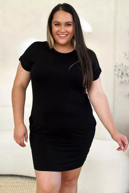 Basic Bae Full Size Solid Round Neck Short Sleeve Casual Loose Mini T-Shirt Dress with Side Pockets
