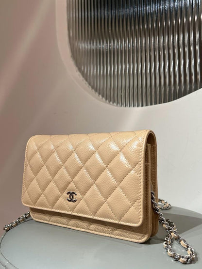 CHANELCaviar Quilted Wallet on Chain WOC Beige