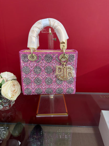 LADY DIOR BAG Metallic Calfskin &amp; Satin with Rose Des Vent