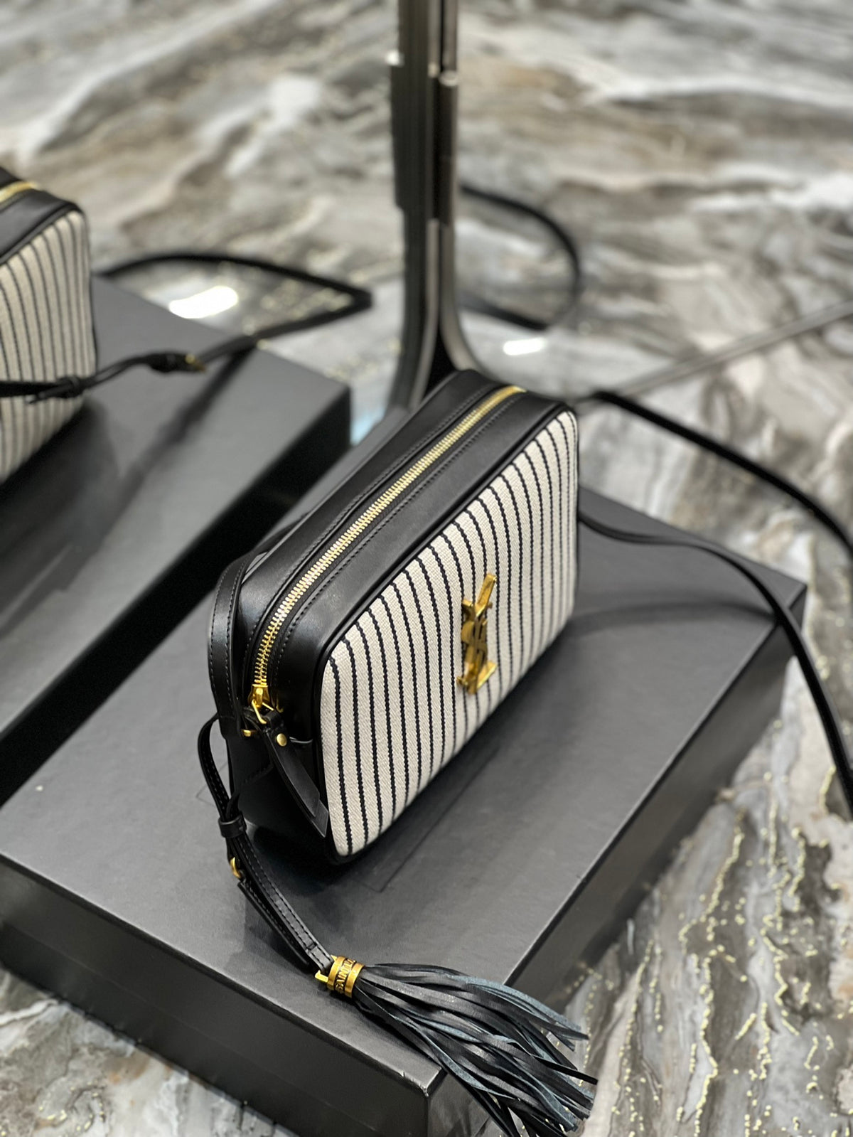 SAINT LAURENT Lou Medium Ysl Striped Canvas Camera Crossbody Bag In Grey Cream