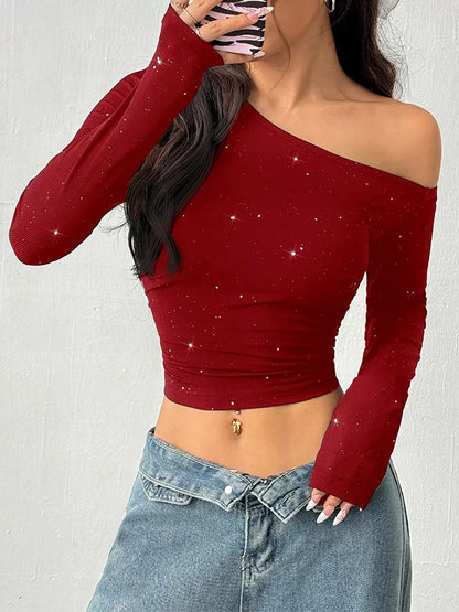 Glitter One-Shoulder Long Sleeve Crop T-Shirt
