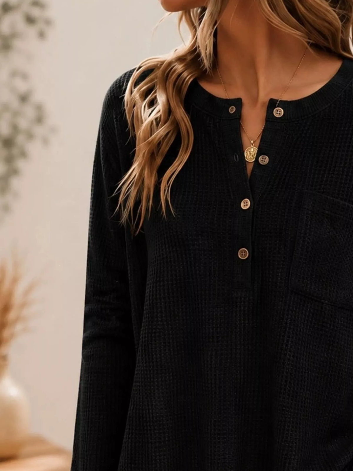 Waffle Knit Button Detail Top
