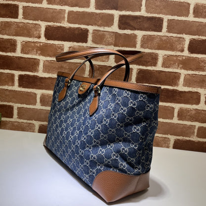 Gucci Medium Tote GG Denim Bag Brown Navy blue Leather