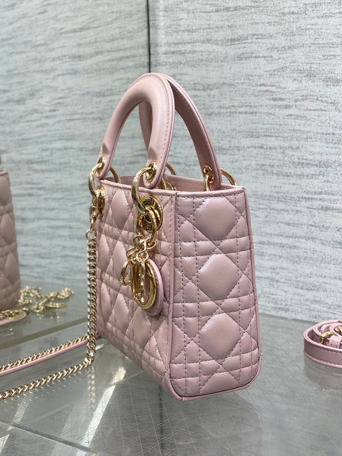 DIOR LADY DIOR MINI PINK GOLD HARDWARE