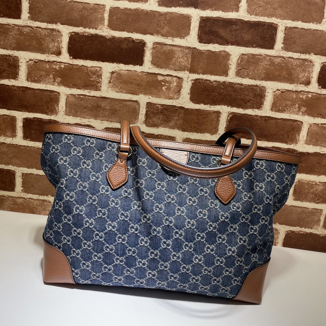 Gucci Medium Tote GG Denim Bag Brown Navy blue Leather