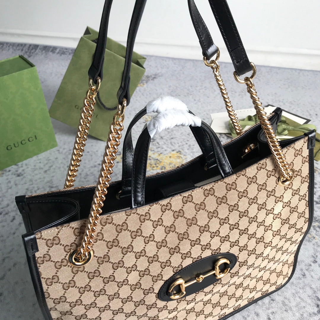 Gucci Brown Large GG Canvas 1955 Horsebit Chain Tote Beige