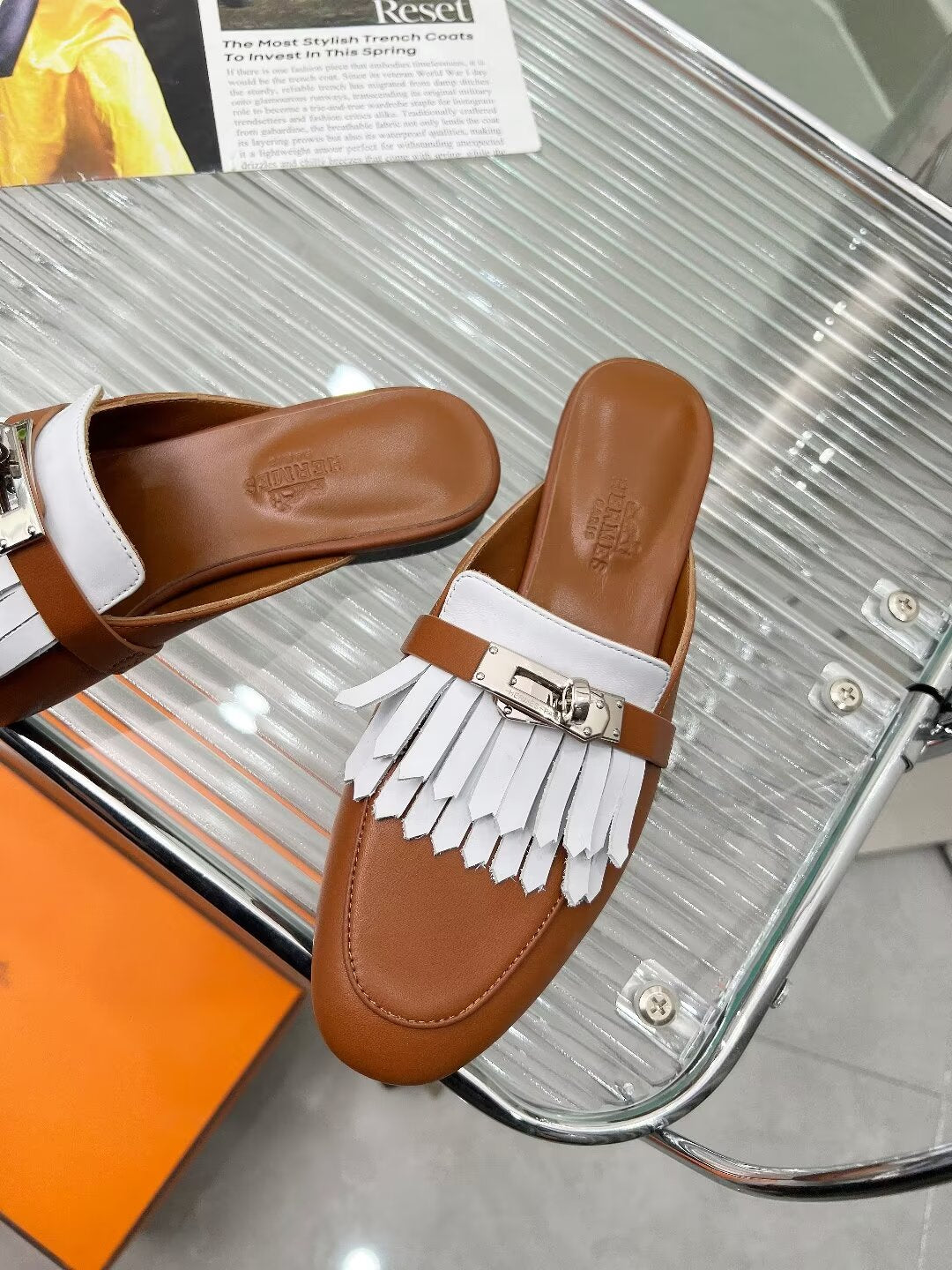 0Z MULE CARAMEL MIX FRINGED WHITE CALFSKIN