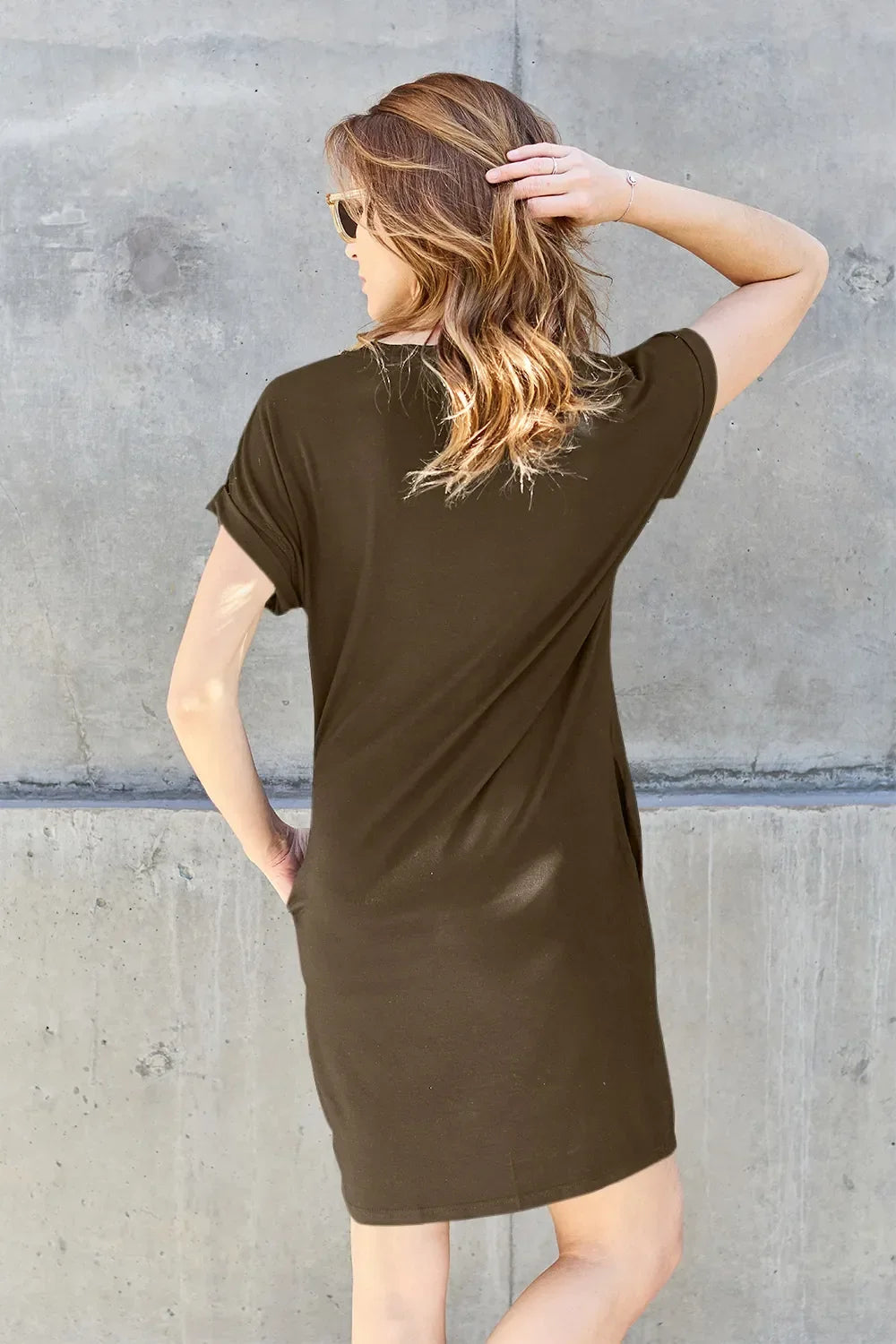 Basic Bae Full Size Solid Round Neck Short Sleeve Casual Loose Mini T-Shirt Dress with Side Pockets