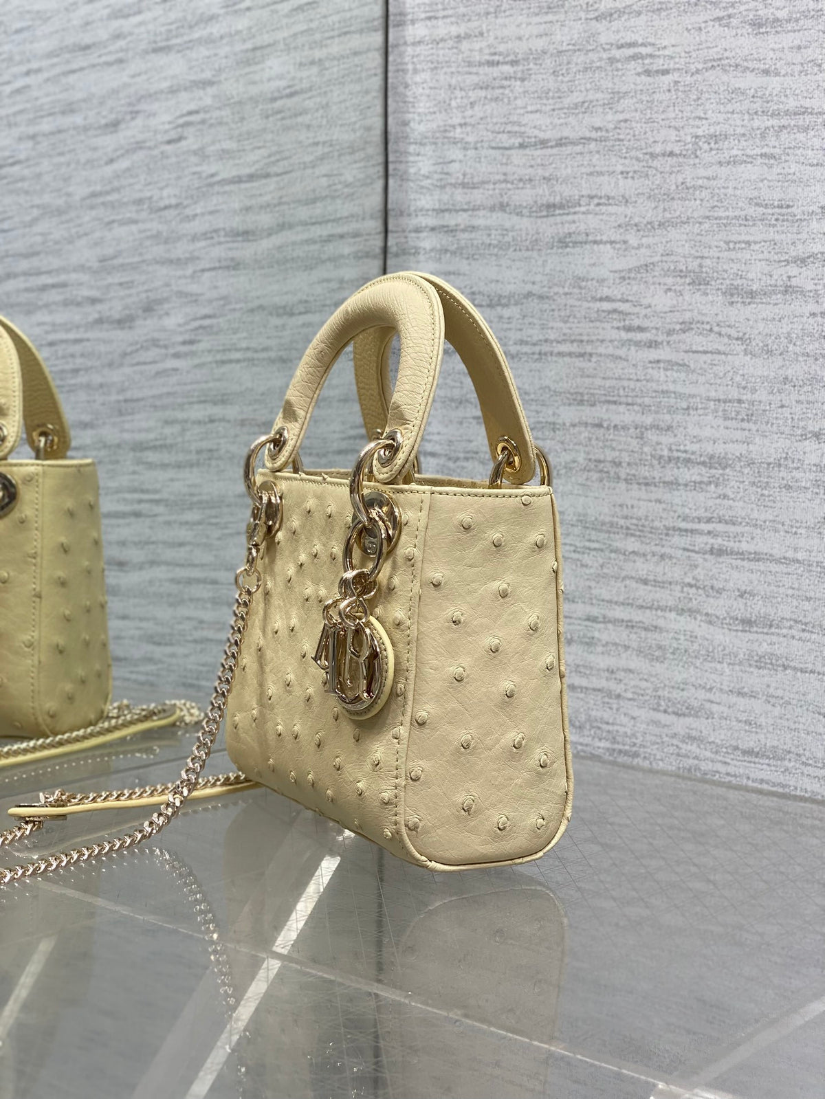 Christian Dior Mini Lady Dior bag in Beige ostrich leather