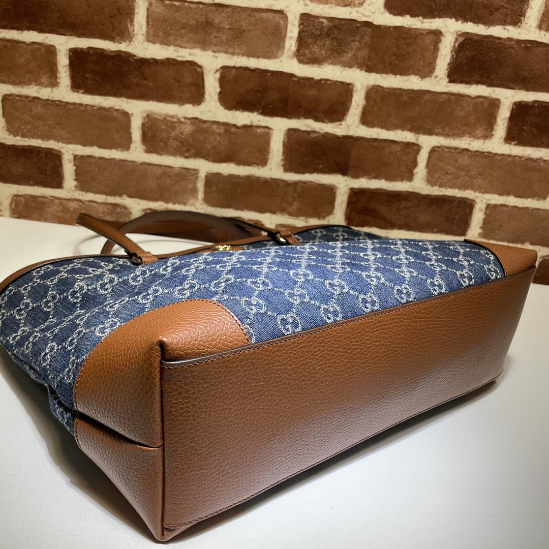 Gucci Medium Tote GG Denim Bag Brown Navy blue Leather