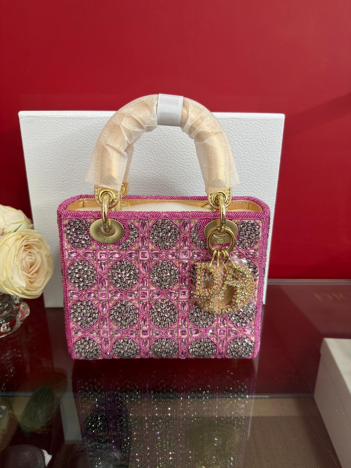 LADY DIOR BAG Metallic Calfskin &amp; Satin with Rose Des Vent