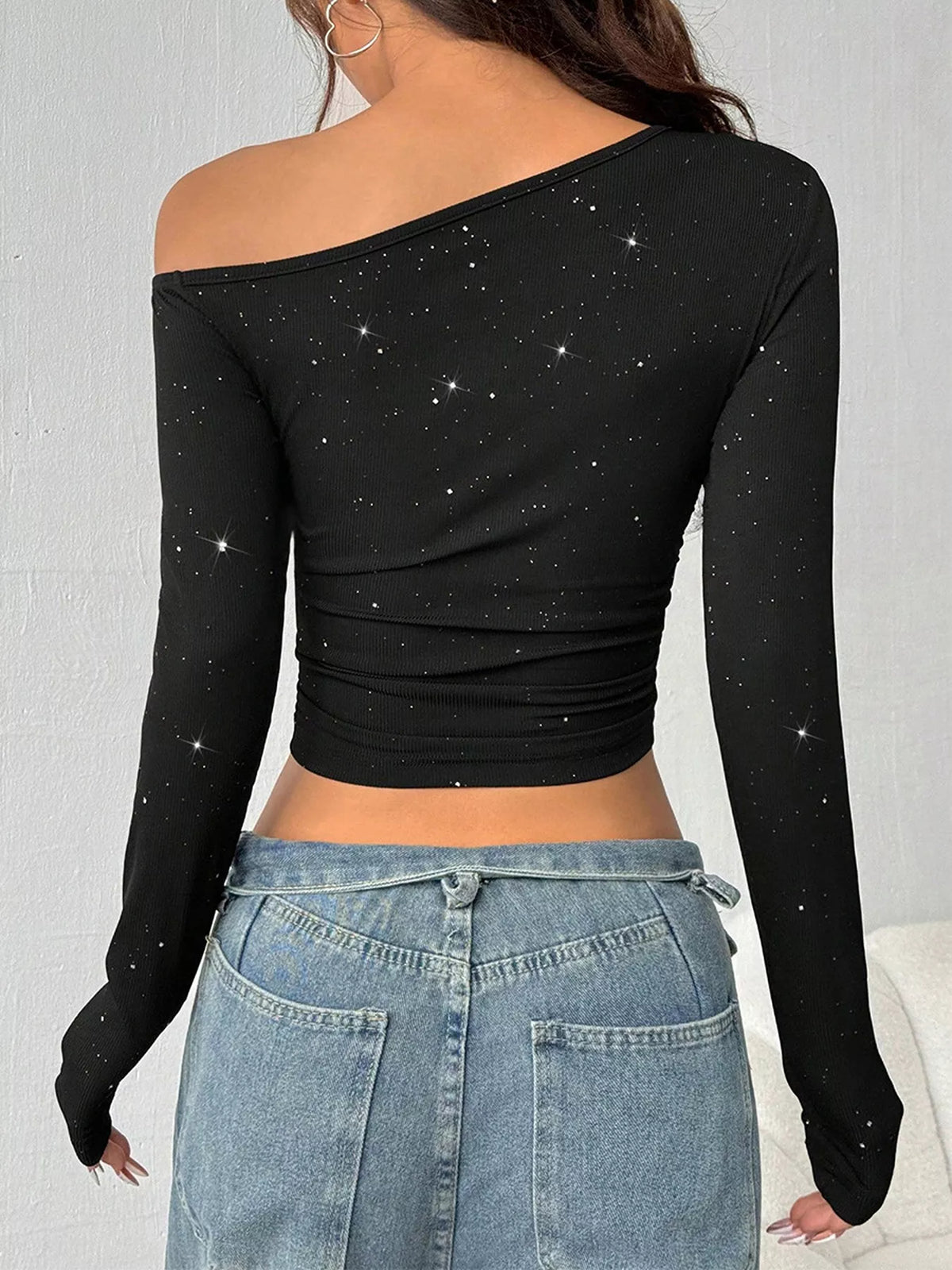 Glitter One-Shoulder Long Sleeve Crop T-Shirt