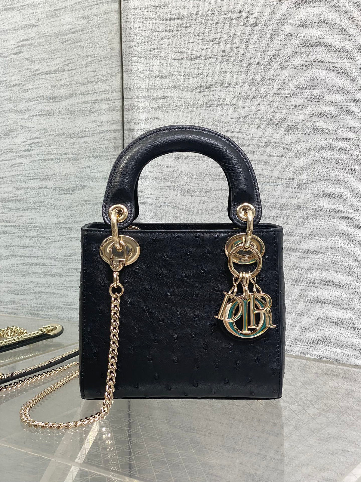 Christian Dior Mini Lady Dior bag in Black Ostrich leather