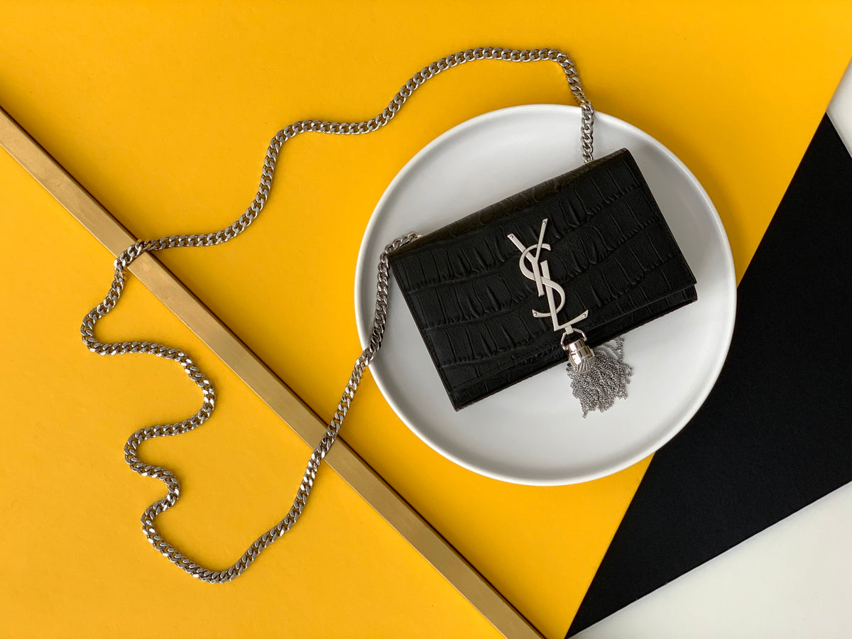 Saint Laurent Black Leather Small Kate Tassel Crossbody Bag Sliver