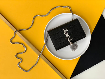 Saint Laurent Black Leather Small Kate Tassel Crossbody Bag Sliver