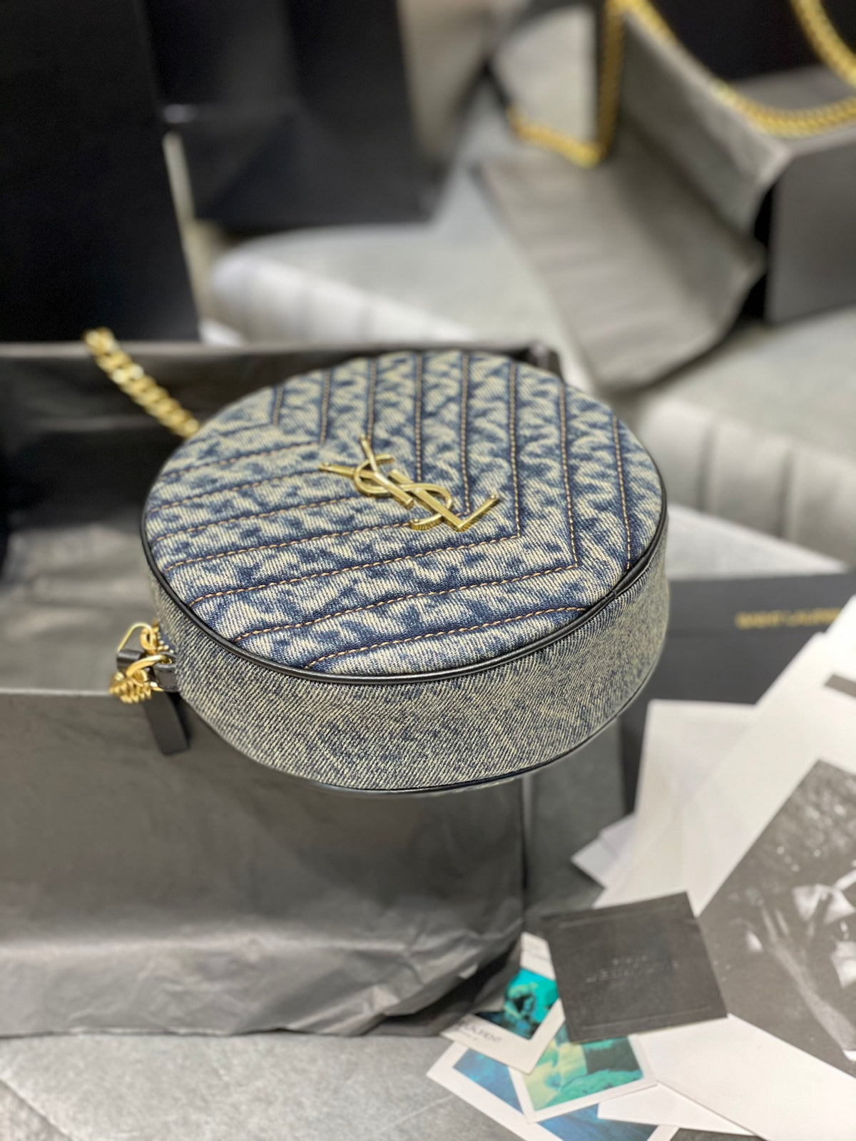 Saint Laurent YSL Women Vinyle Round Camera Bag in Chevron-Quilted Denim and Suede