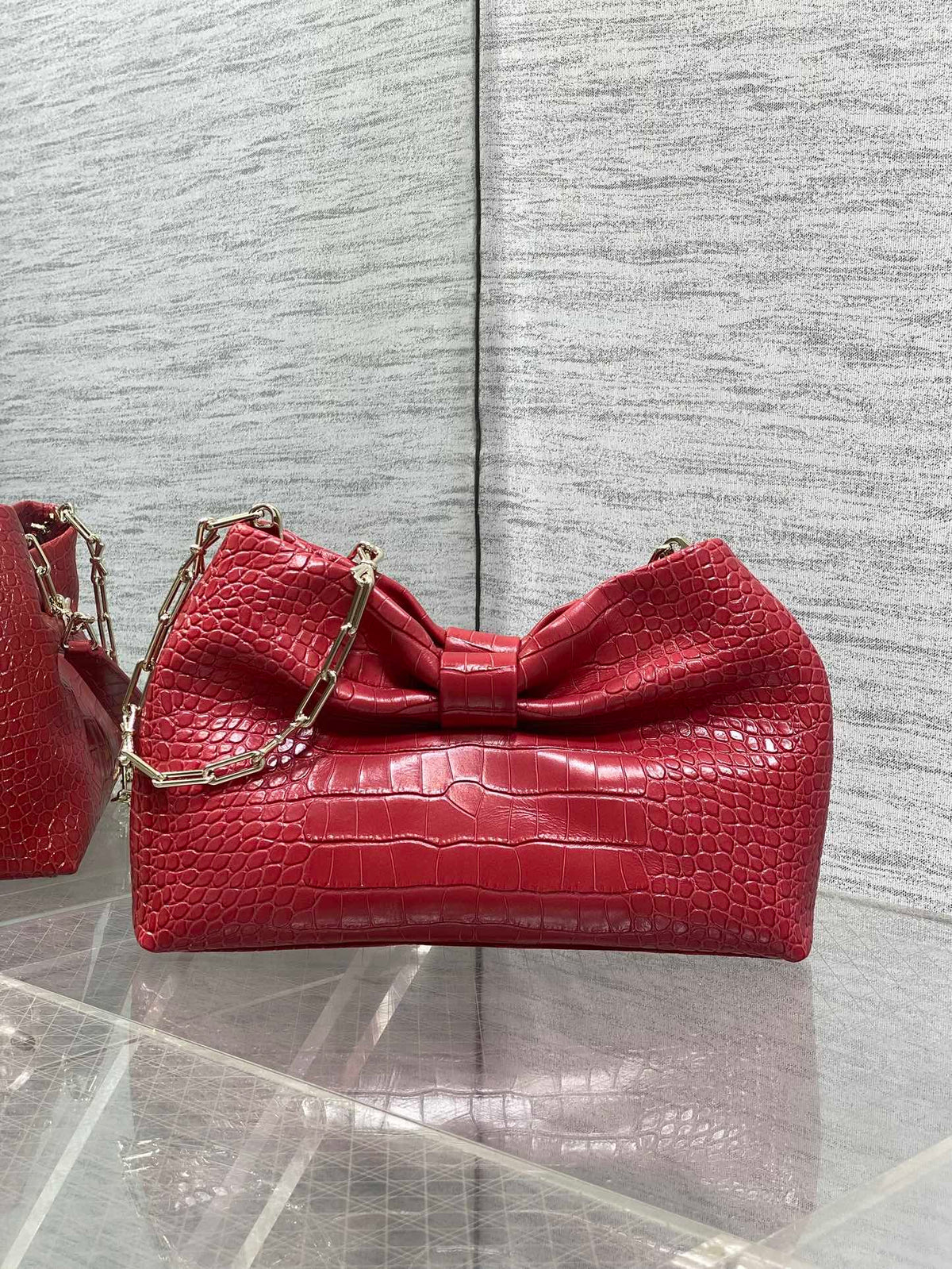 Dior Bow Bag Small Red Crocodile-Embossed