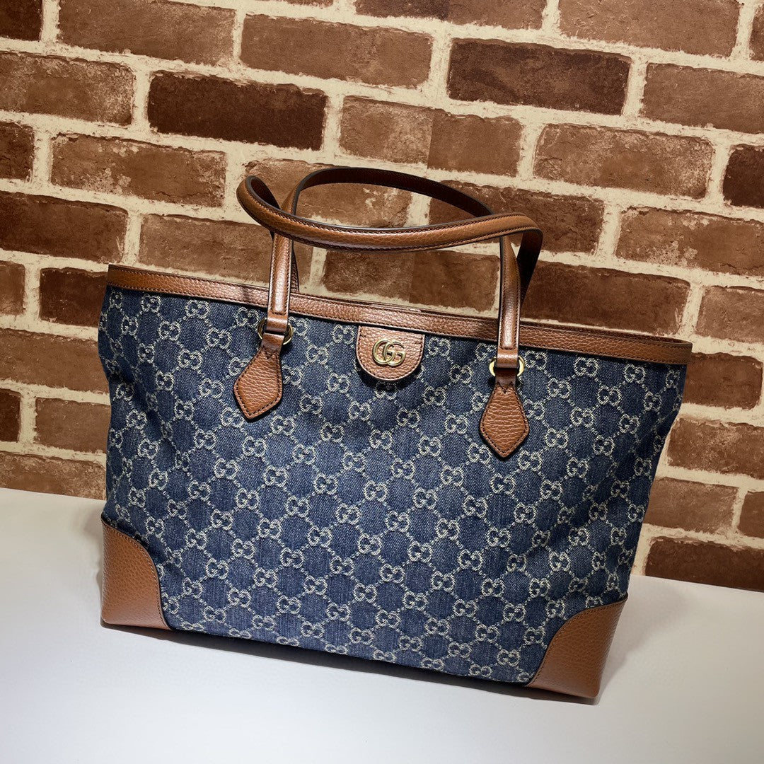 Gucci Medium Tote GG Denim Bag Brown Navy blue Leather