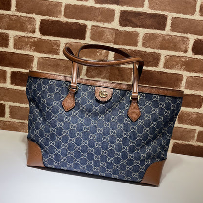 Gucci Medium Tote GG Denim Bag Brown Navy blue Leather