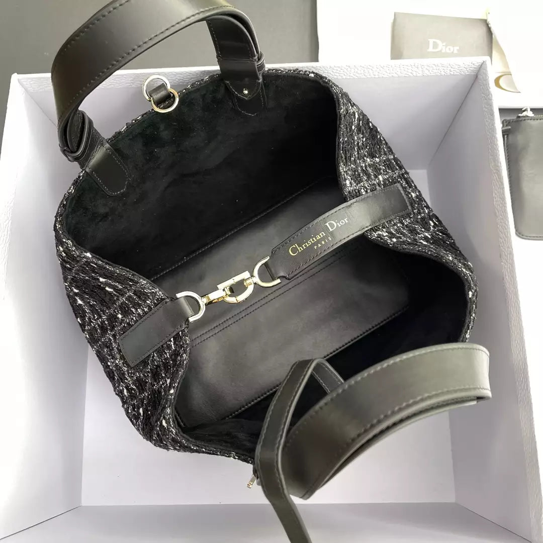 Christian Dior Calfskin Tweed Cannage Medium Toujours Black White