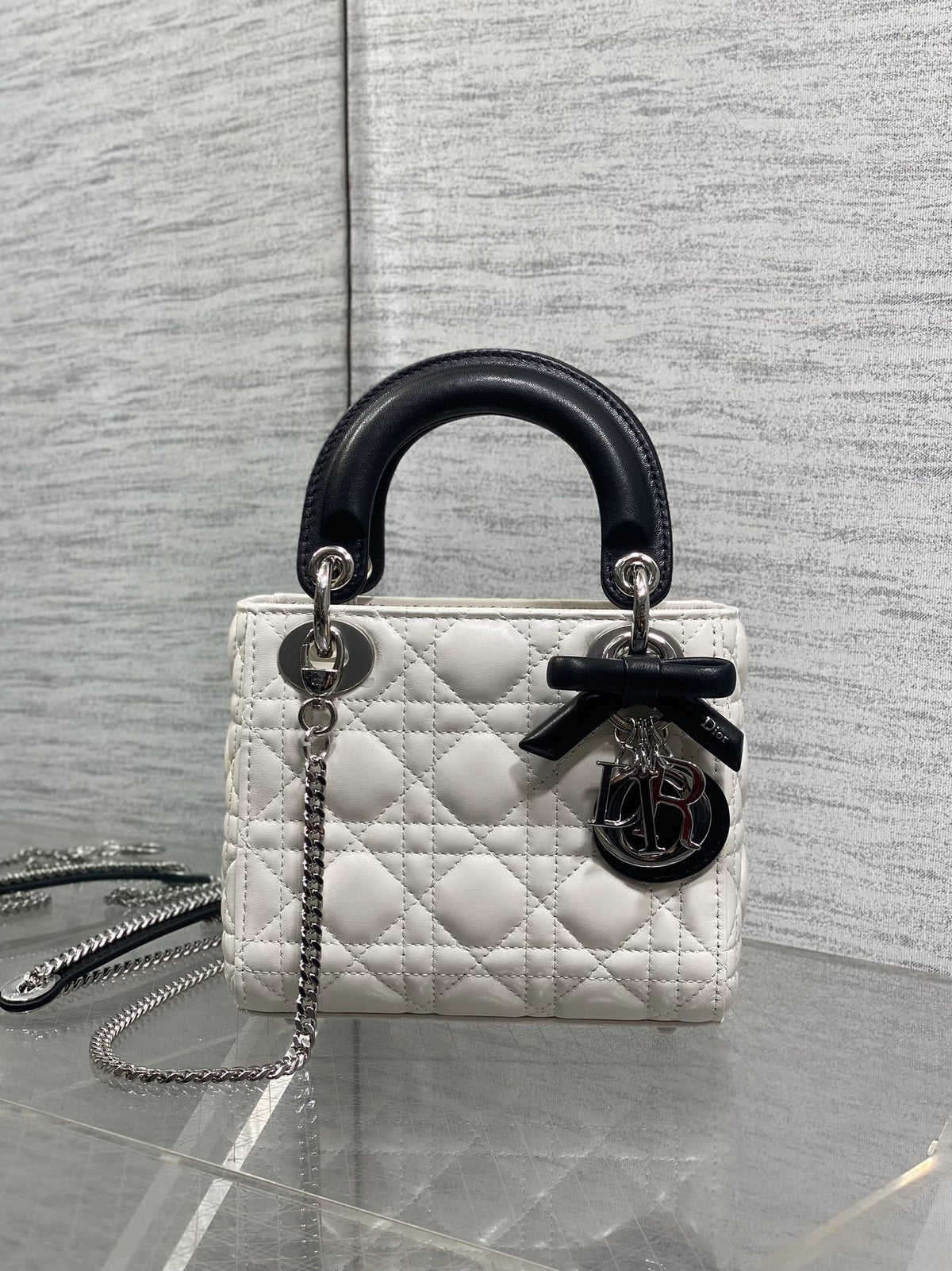 Dior Mini Lady Dior Bag with Chain in two-tone latte and black