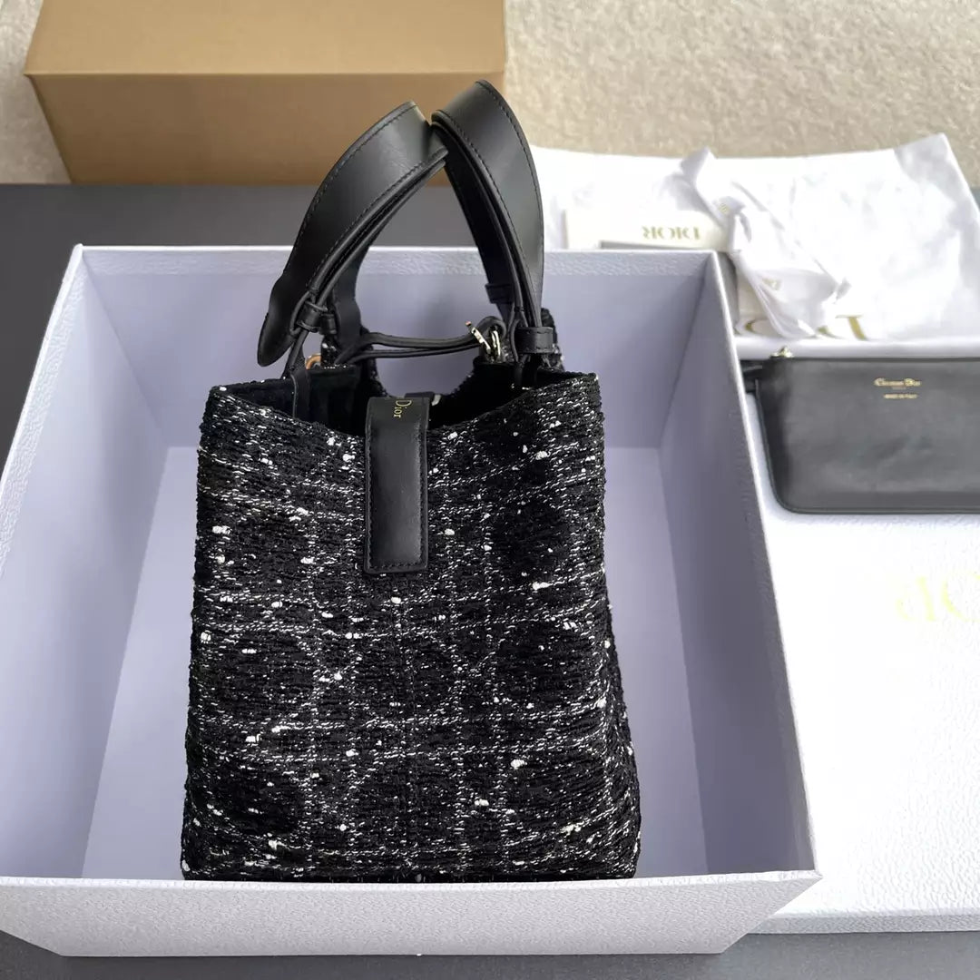 Christian Dior Calfskin Tweed Cannage Medium Toujours Black White
