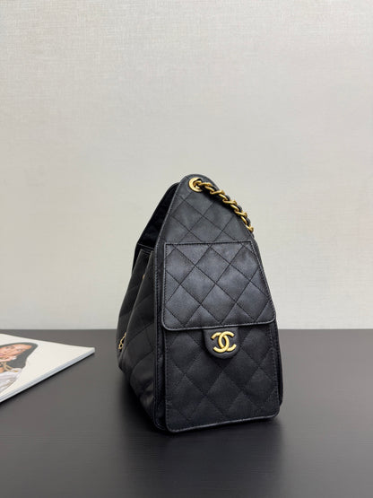 Chanel 25 Small Black Caviar Leather Gold Hardware
