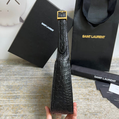 SAINT LAURENT Le 5 À 7 Green Crocodile-effect Leather Shoulder Bag In Black