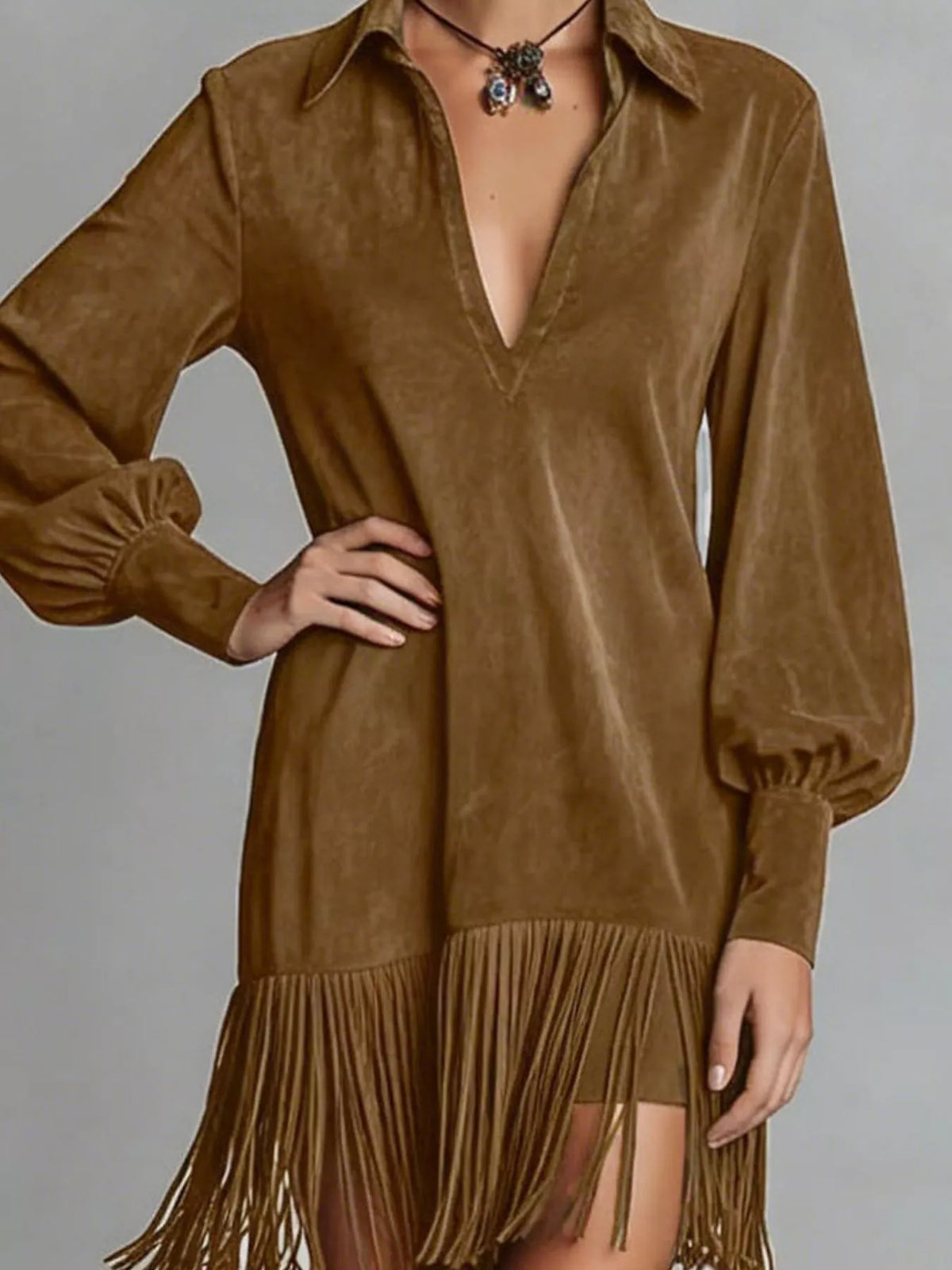 Fringed Lantern Sleeve Dress