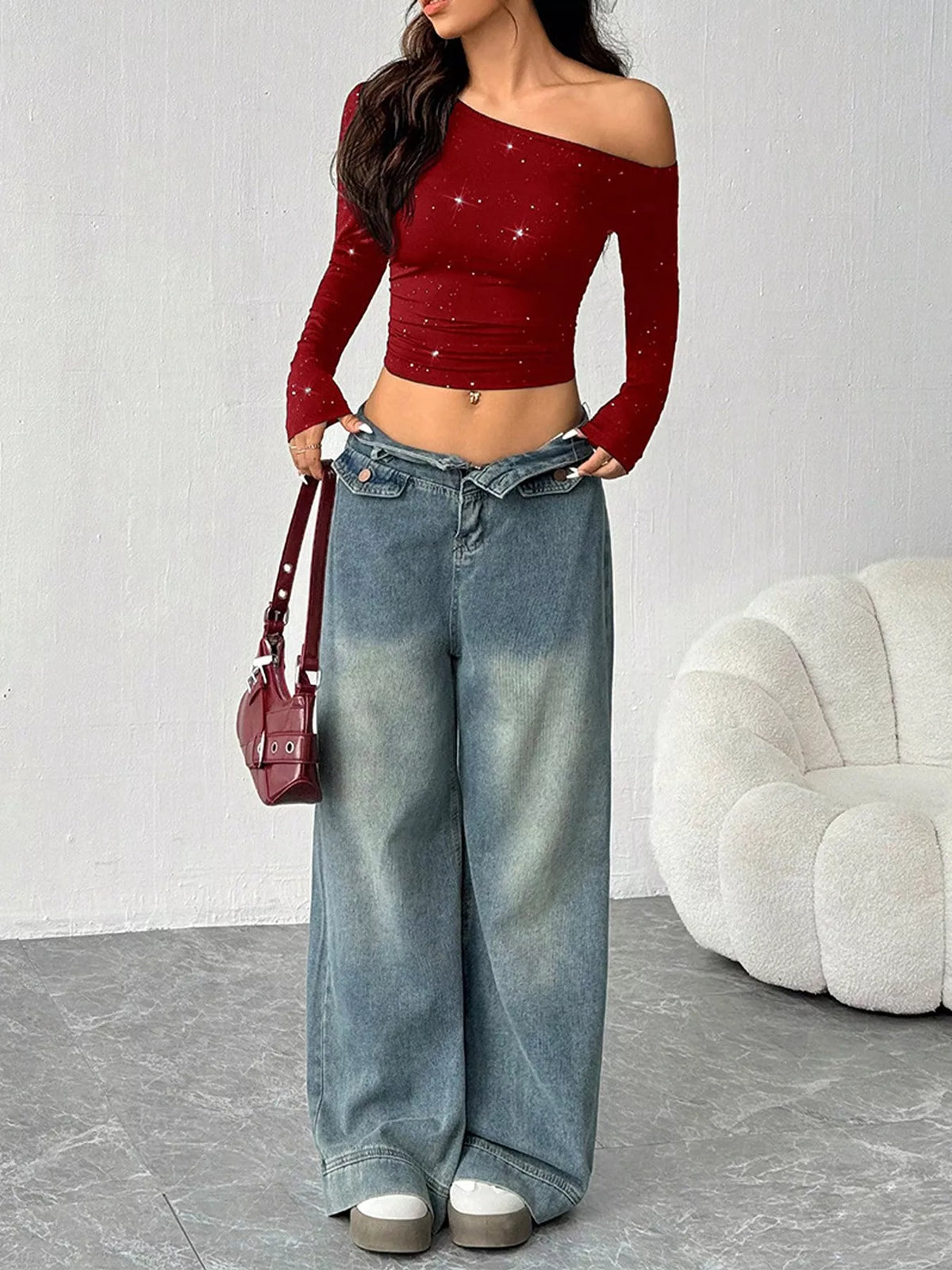 Glitter One-Shoulder Long Sleeve Crop T-Shirt