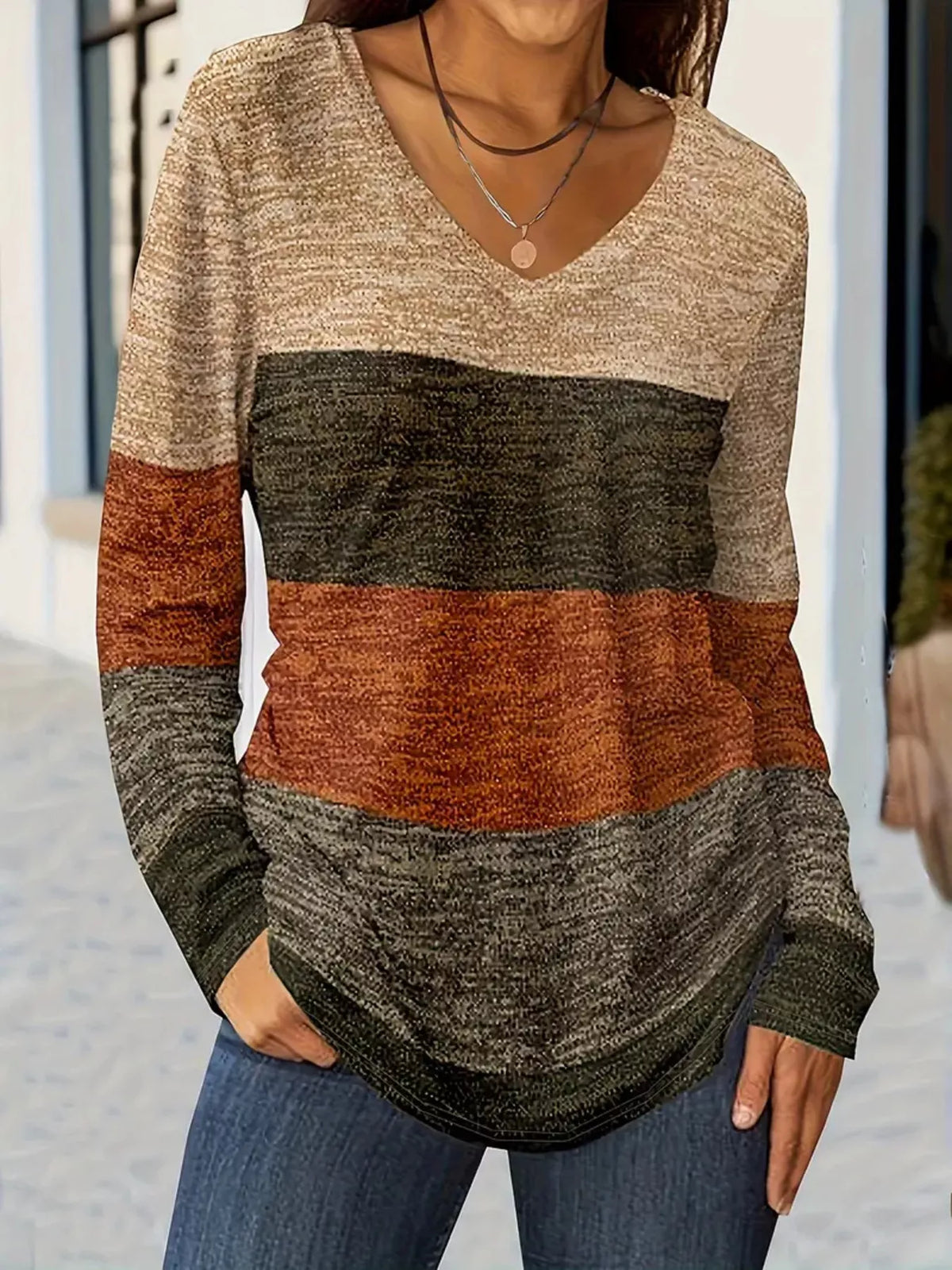 V-Neck Color Block Long Sleeve Casual T-Shirt