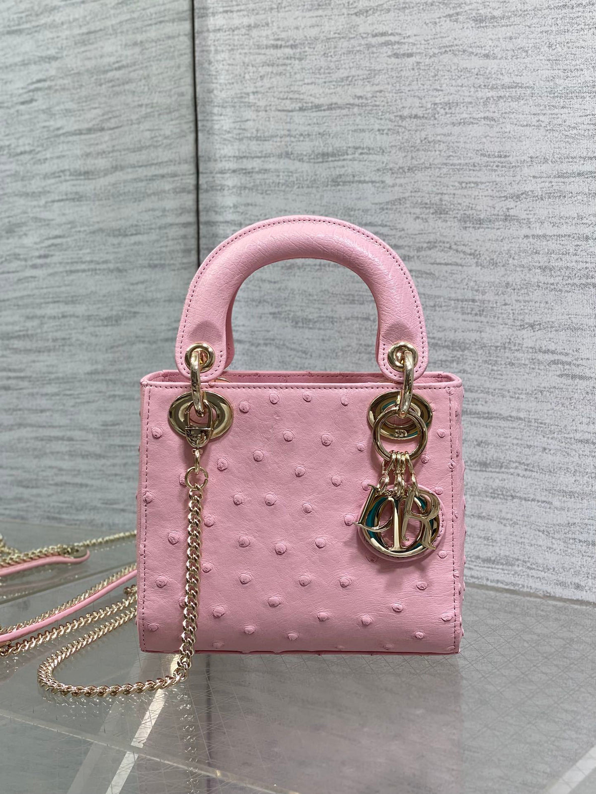 Christian Dior Mini Lady Dior bag in Pink ostrich leather
